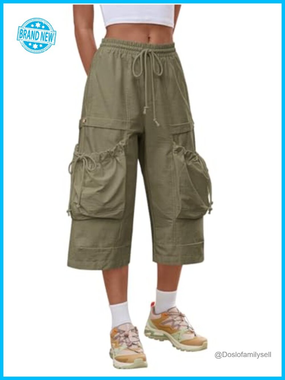 Wide Leg Cargo Capris Drawstring Elastic Waist Baggy Cropped Pants Utility